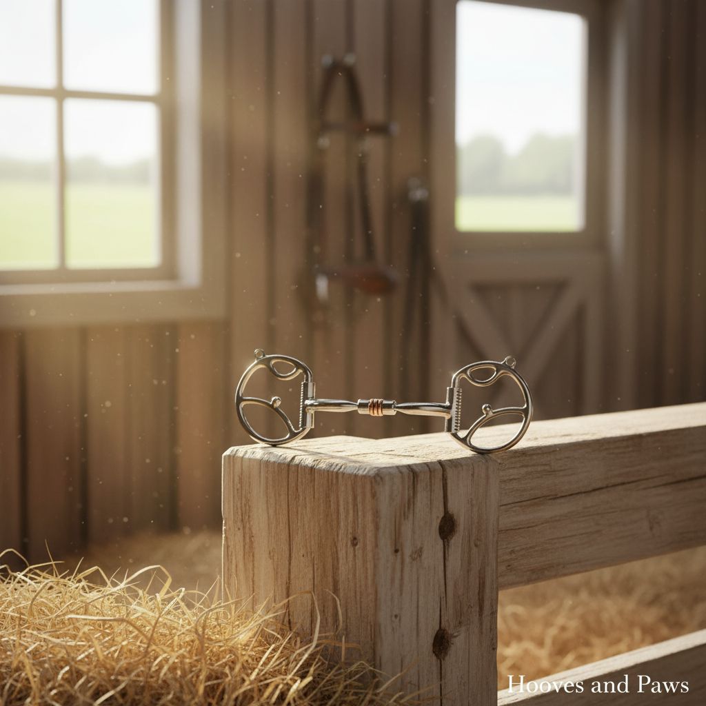 Myler 5-inch Western Dee horse bit with hooks and copper roller comfort snaffle resting on a rustic wooden fence post in a sunlit barn with hay.
