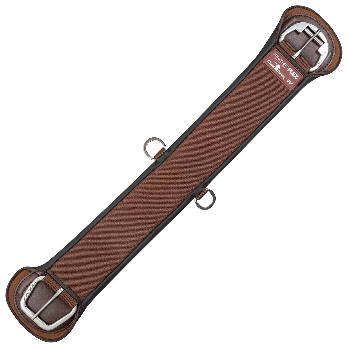 Classic Equine FeatherFlex Straight Cinch in brown and black, designed for horse comfort and performance. This 30-inch western cinch features durable stainless steel roller buckles and dual center D-rings for accessory attachment. The breathable, flexible material prevents rubbing, making it a must-have equestrian tack piece for secure riding. Perfect for western riders seeking high-quality gear that combines durability with a sleek, professional appearance.