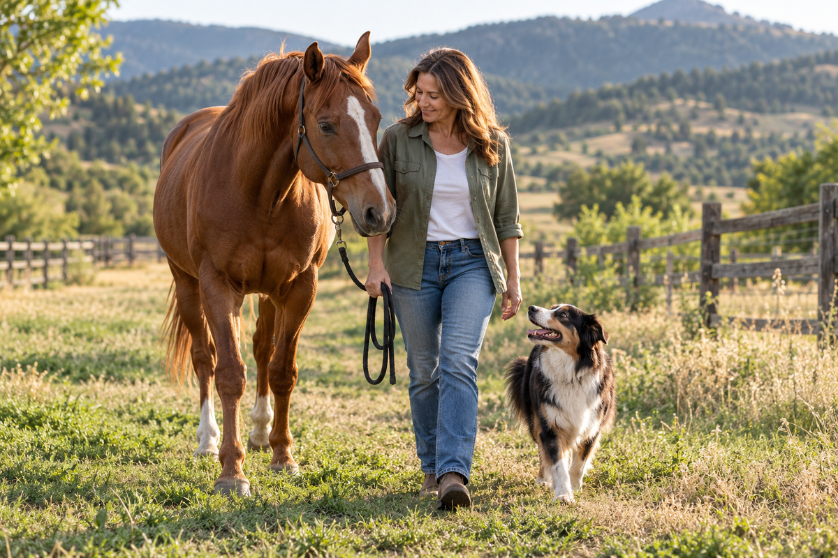 AI-generated campaign scene: a woman with her horse and dog in open countryside