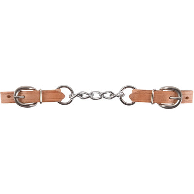 Martin 5-Link Harness Leather Curb Strap featuring durable natural tan leather and a sturdy 5-link stainless steel chain center. This high-quality Western horse tack includes adjustable stainless steel buckles on both ends for a precise fit. Perfect for riders seeking reliable bit control and classic equestrian style.