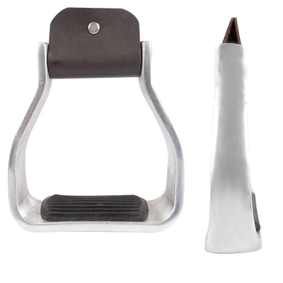 Martin Aluminum Extra Wide Horse Riding Stirrups with non-slip black rubber tread and a durable silver aluminum frame. This pair of Western stirrups features a dark brown leather top with a silver stud accent for a classic look. The extra-wide footbed provides maximum stability and comfort. Shown in front and side views, these high-quality stirrups are ideal for trail riding, ranch work, and equestrian enthusiasts seeking better balance and grip.