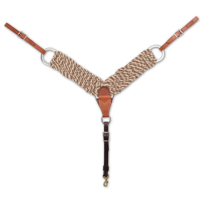 Martin Saddlery 3-inch Mohair-Alpaca Fiber Breastcollar in Natural. This high-quality western breastcollar features a blend of breathable mohair and alpaca fibers in a multi-toned brown and tan twist. It includes durable chestnut leather tugs, stainless steel hardware, and a dark brown leather center strap with a brass snap. Designed for horse comfort and saddle stability, this stylish piece of equestrian tack is perfect for trail riding, ranch work, or performance.