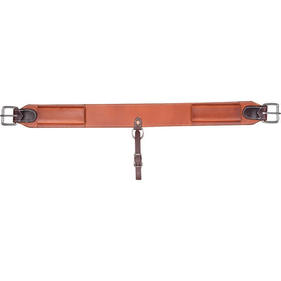 Martin Saddlery Biothane Contoured Flank Cinch, 2.5" x 35", in a rich chestnut brown with dark oil accents. This durable western rear cinch features high-quality stainless steel roller buckles and a center D-ring with a connector strap. Designed for comfort and stability, it is an essential piece of horse tack for performance or trail riding, offering a professional look and long-lasting performance under the saddle.