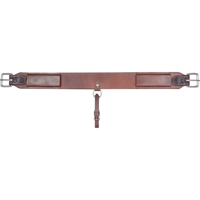Martin Saddlery Flank Cinch Biothane Contoured 2 1/2 x 35 (FC212) in rich brown with contrast white stitching. This durable contoured rear cinch features high-quality stainless steel buckles, dark leather reinforcements at the ends, and a center D-ring with an adjustable connector strap. Designed for western performance saddles, this premium horse tack ensures a secure and stable fit for ranch work, roping, or trail riding.