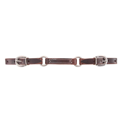 Martin Saddlery Jim Edwards Leather Curb Strap crafted from premium dark brown leather with elegant white decorative stitching. This high-quality horse tack features durable stainless steel buckles and rings, offering both adjustability and a professional look. Ideal for western riding and performance horses, this essential piece of equestrian gear provides precise control and durability for riders who value craftsmanship and style.