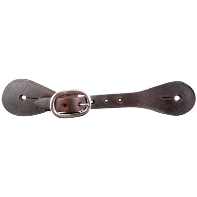 Martin Saddlery Medium Latigo Leather Spur Straps in dark brown. These high-quality Western spur straps feature durable oiled leather and a silver-toned metal buckle for an adjustable fit. Designed with traditional teardrop ends and pre-cut holes for secure attachment, these straps provide a classic look for any equestrian. Perfect for ranch work, trail riding, or competition, these leather straps are a must-have piece of Western horse tack and riding gear.