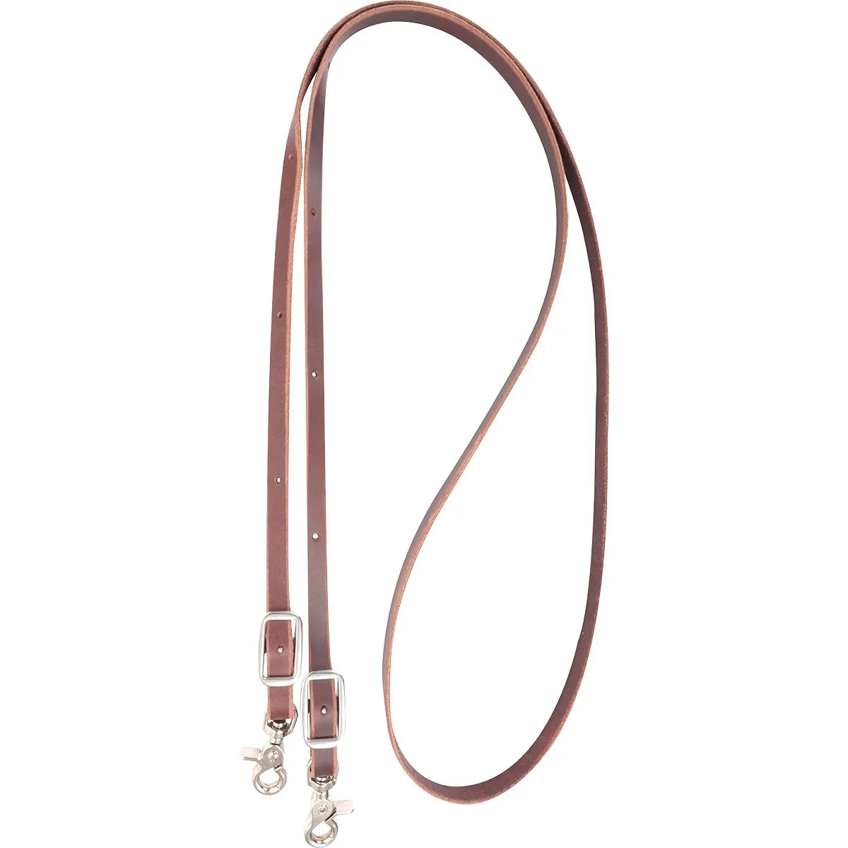 Martin Saddlery Latigo Leather Roping Reins in a rich brown finish. These durable, high-quality western horse reins feature adjustable silver buckles and heavy-duty swivel scissor snaps for easy bit attachment. Designed for strength and longevity, the single-loop construction is perfect for roping, ranch work, and competitive western riding. Professional-grade equestrian gear that combines functionality with classic style.