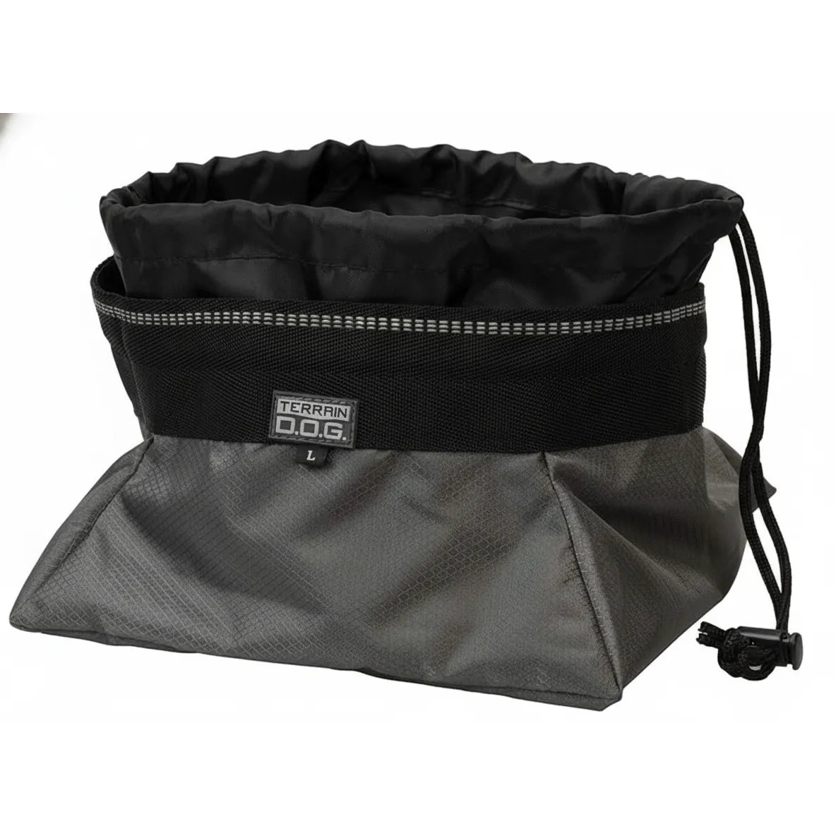 Large grey and black Terrain D.O.G. collapsible travel bowl for dogs. This portable pet water and food dish features durable ripstop fabric, a reflective safety strip for visibility, and a convenient drawstring closure. Lightweight and compact, it’s the perfect gear for hiking, camping, and outdoor adventures with your dog. Durable, packable travel accessory for active pet owners on the go.
