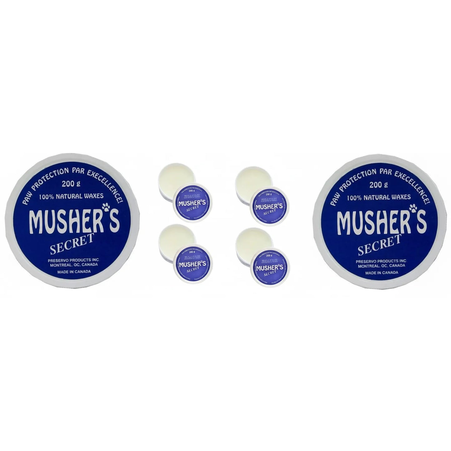 Six containers of Musher's Secret Paw Protection Wax 200g, featuring blue and white labels. This 100% natural wax moisturizer creates an invisible boot for dogs, acting as an all-season shield against snow, ice, salt, and hot pavement. Made in Canada, this paw balm is perfect for active pets needing protection during winter hikes or summer walks. A must-have pet care essential for year-round paw health and comfort.