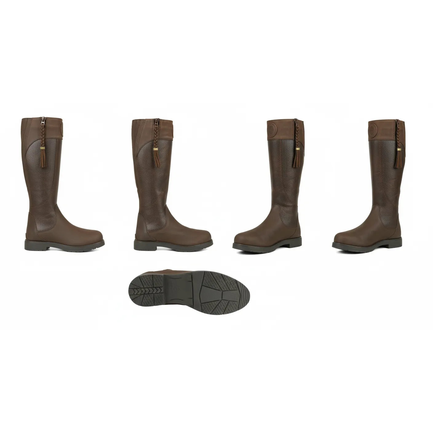 Shires Moretta Pamina Country Boots in rich brown waterproof leather. These versatile all-terrain riding boots feature a side zipper with a decorative braided tassel and a rugged, grippy sole for outdoor stability. Multiple views showcase the tall silhouette, grained leather panels, and durable construction. Ideal for equestrians and country lifestyle wear, offering a perfect blend of elegance and performance in any weather.