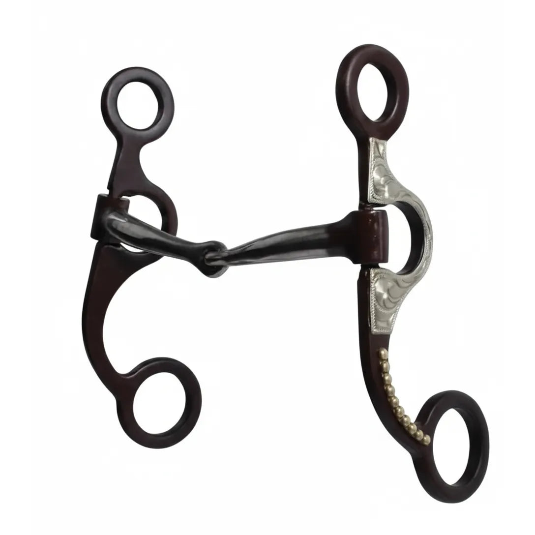 Professional's Choice Bob Avila Cambria Snaffle Bit with a 5" jointed sweet iron mouthpiece. This antique brown Western horse bit features elegant silver engraved overlays and brass bead accents on decorative short shanks. Designed for refined communication and mild leverage, this high-quality equestrian tack is perfect for Western performance, training, and showing. A sophisticated addition to any horse's headstall for riders who value both style and functionality.