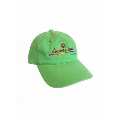 Vibrant lime green adjustable baseball cap featuring "choose love" embroidered in red script with a matching red paw print. A colorful rainbow line sits beneath the text, adding a touch of pride. This stylish LoveWally dad hat includes a curved brim and classic 6-panel construction, making it an ideal accessory for pet lovers and those spreading a message of kindness and equality.
