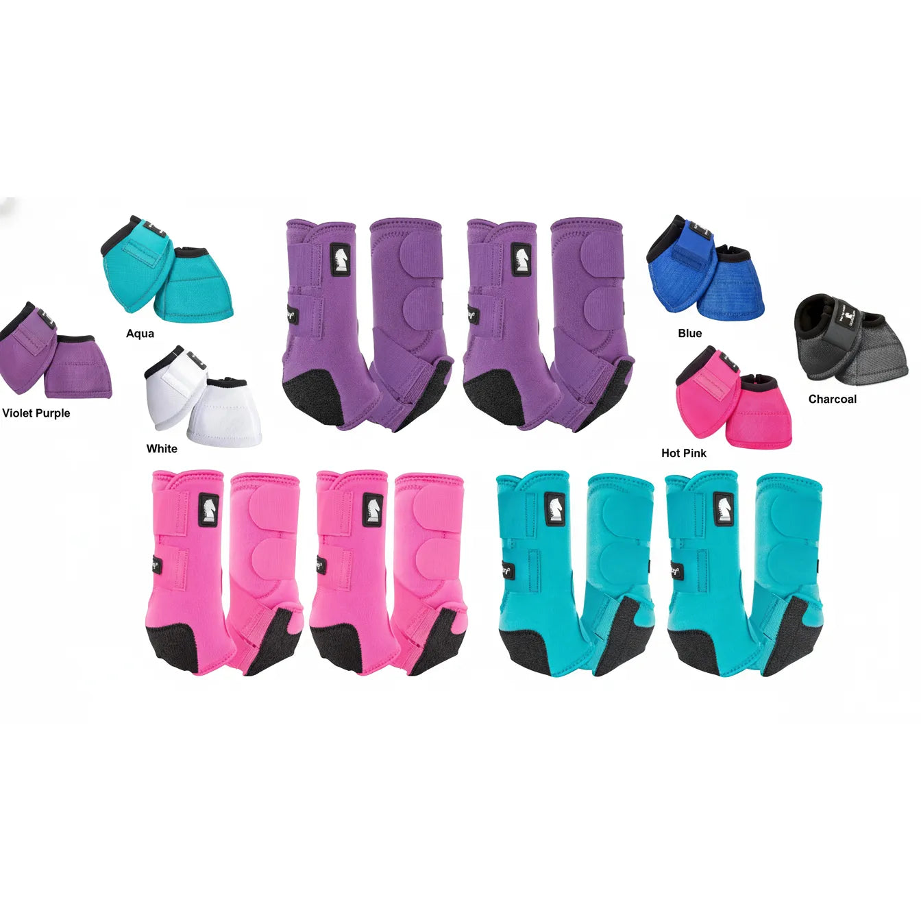 Classic Equine Trail Bundle featuring Legacy2 Sport Boots 4-pack and matching Bell Boots for complete 8-piece horse leg protection. Shown in vibrant Violet Purple, Aqua, White, Blue, Charcoal, and Hot Pink colors. These professional-grade sport boots provide impact protection and support for front and hind legs, paired with durable overreach bell boots. Ideal for trail riding and training, offering both style and safety in coordinated equestrian gear sets.