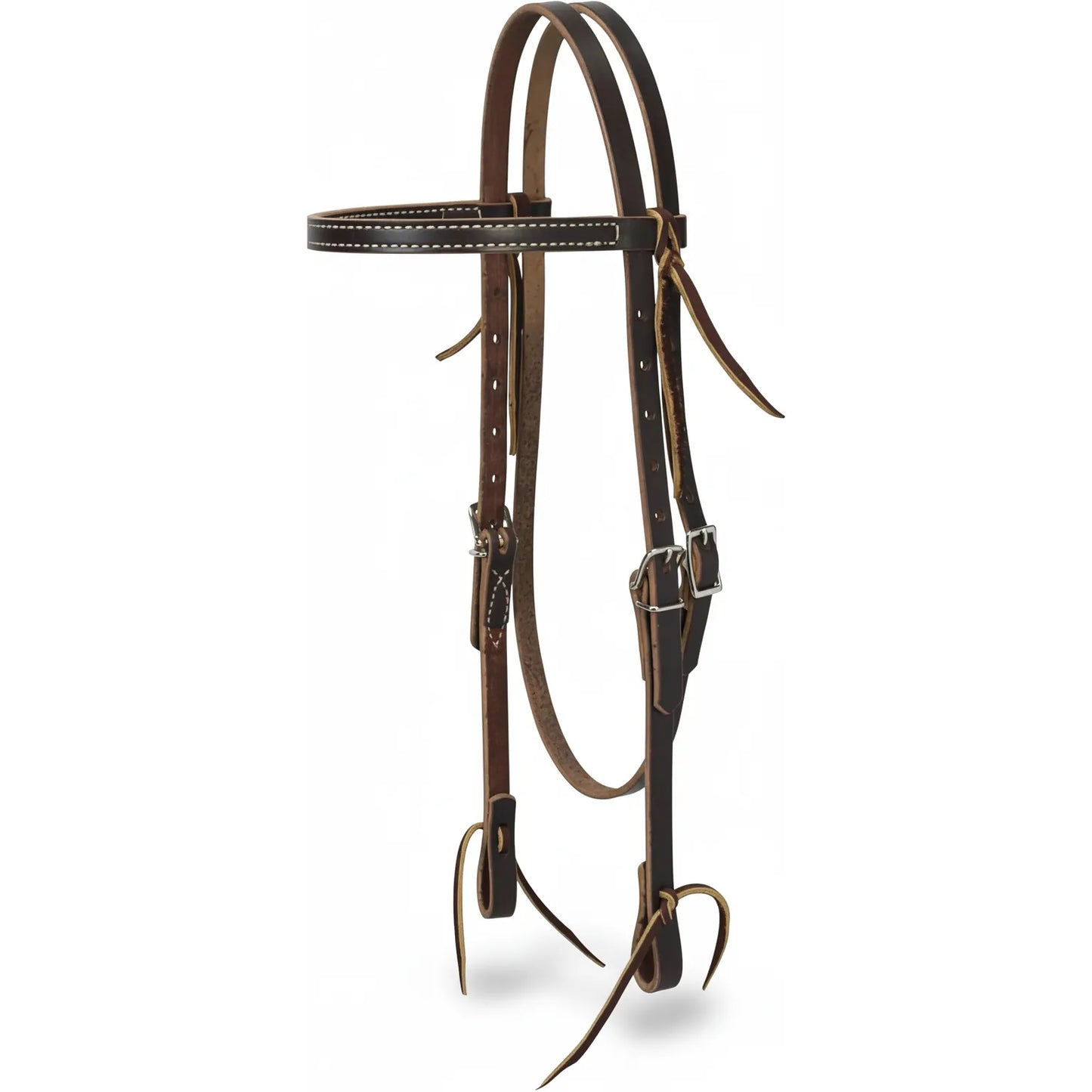 Weaver Leather Turquoise Cross Western browband headstall in rich dark oil 5/8" skirting leather. Features eye-catching white contrast stitching, adjustable stainless steel buckles, and traditional leather tie bit ends. A durable and classic piece of Western horse tack ideal for daily ranch work, trail riding, or horse shows. High-quality leather equestrian equipment designed for style and performance.