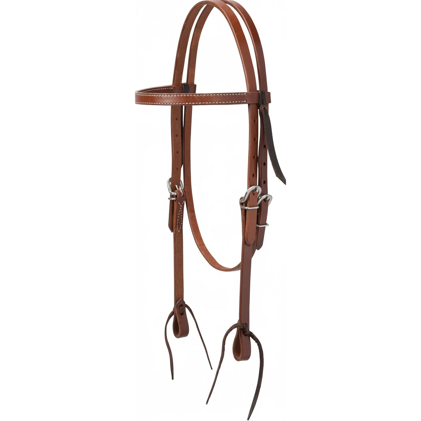 Weaver Leather Turquoise Cross Western Browband Headstall in rich medium oil leather. This 5/8" wide horse bridle features high-quality brown leather with elegant white contrast stitching and durable stainless steel buckles. Includes tie-end bit attachments for quick bit changes. A versatile and timeless piece of western horse tack, perfect for trail riding, ranch work, or everyday training.