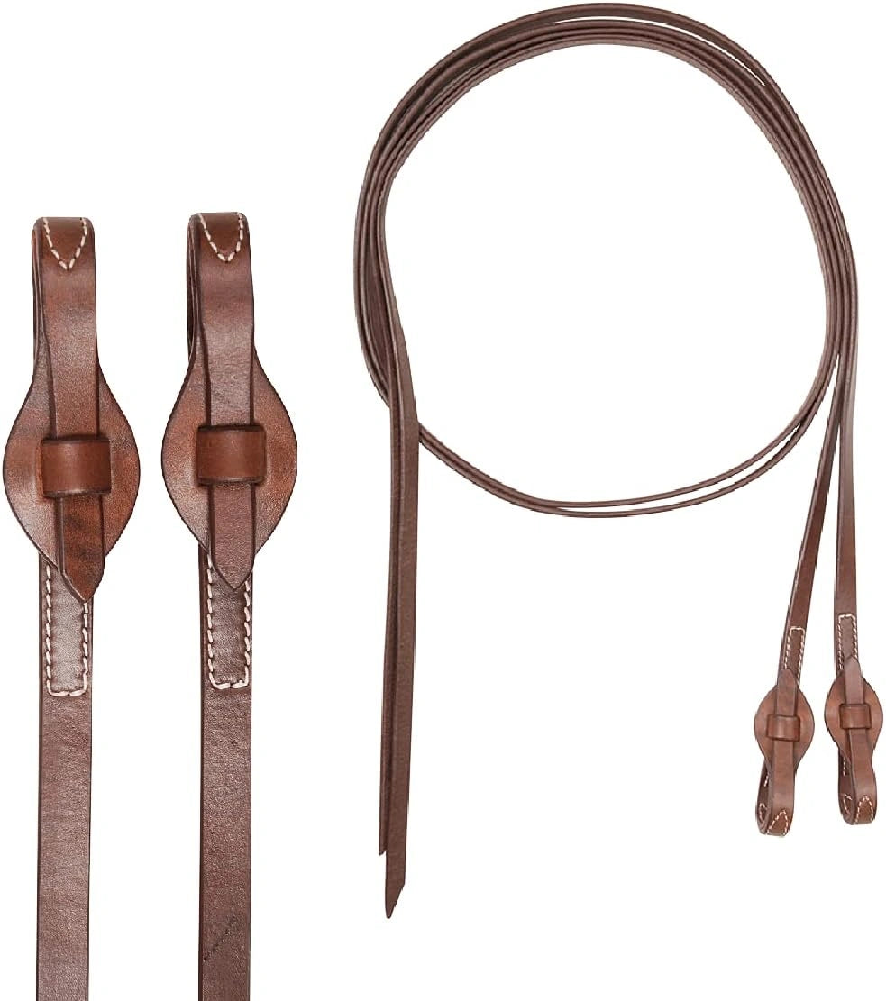 Brown leather bridle reins on a white background