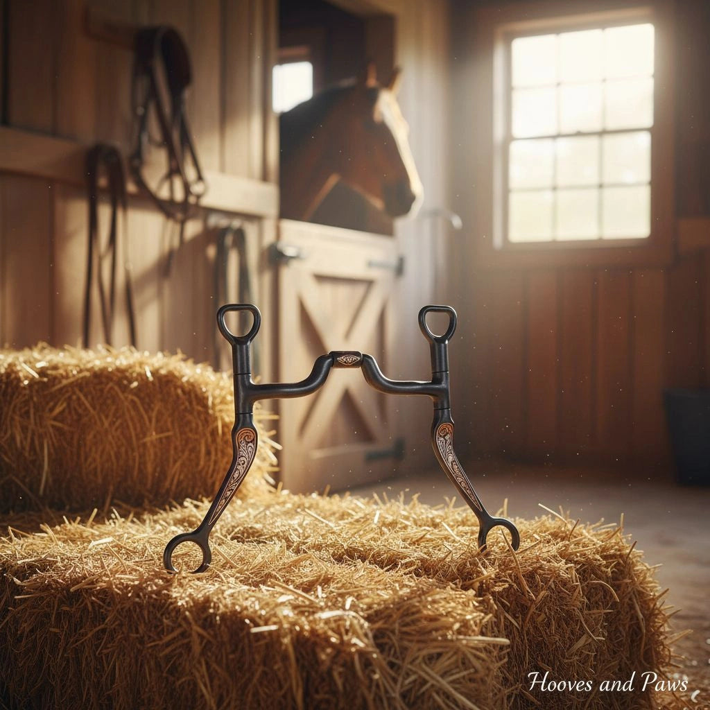Myler MB 43LP Curb Bit in sweet iron with low ported mouthpiece and copper inlay, standing on a hay bale in a sunlit barn with a horse peeking from a stall.