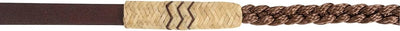 Brown leather belt with braided design on a plain background