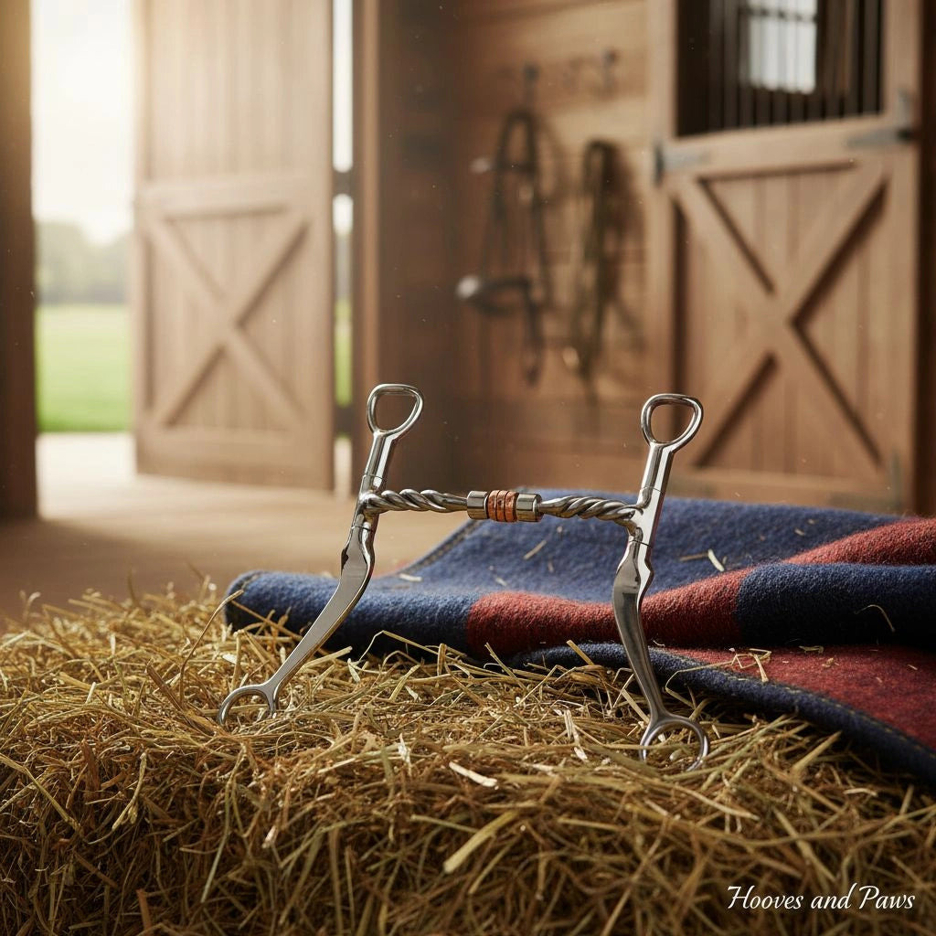 Myler MB 03T Snaffle Bit with sweet iron twisted mouthpiece and copper roller, resting on a blue and red blanket on hay in an equestrian barn.