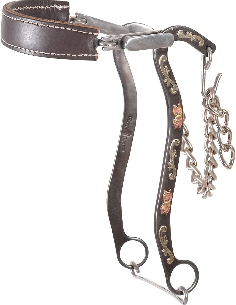 Classic Equine Hackamore with Chocolate Leather Noseband - Greyed Iron Cheeks & Silver Scrollwork