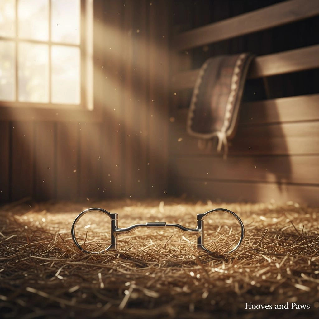 Myler MB 04 Western Dee Snaffle horse bit, sweet iron for horse comfort, resting on straw in a sunlit stable.