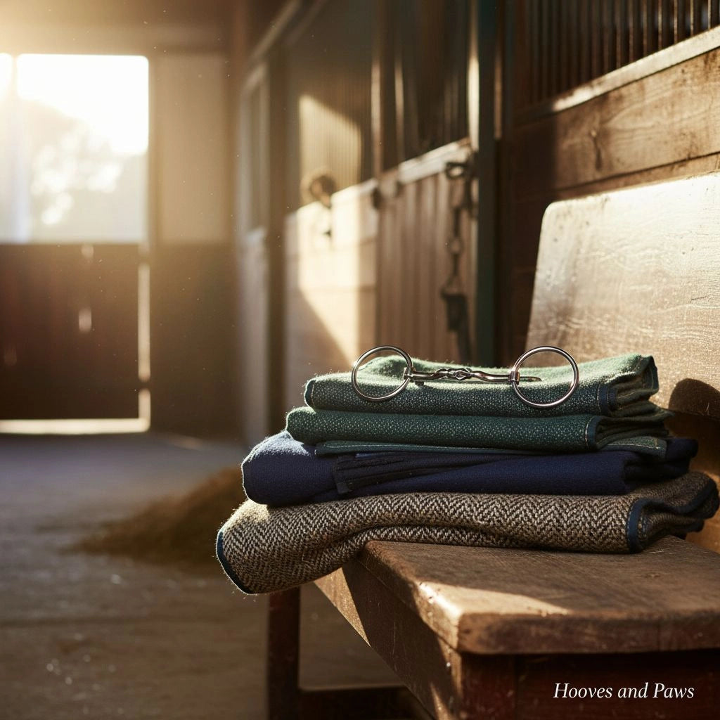Myler MB 36 Loose Ring Snaffle Bit on a stack of green, navy, and tweed horse blankets on a wooden bench in a sunlit barn.
