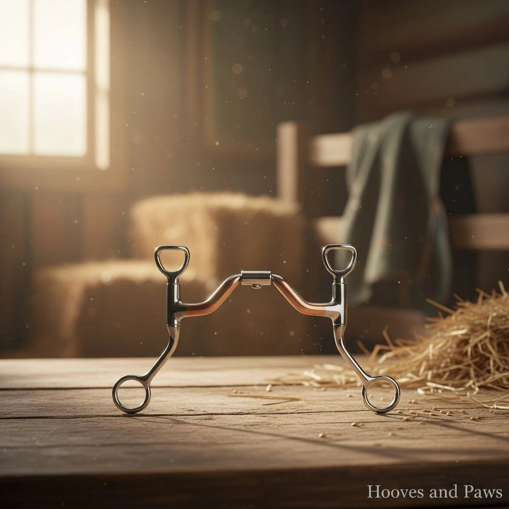 Myler MB 33 HBT Shank Snaffle Bit with copper-accented curved mouthpiece and polished silver shanks, displayed on a rustic wooden table in a sunlit barn with hay bales.