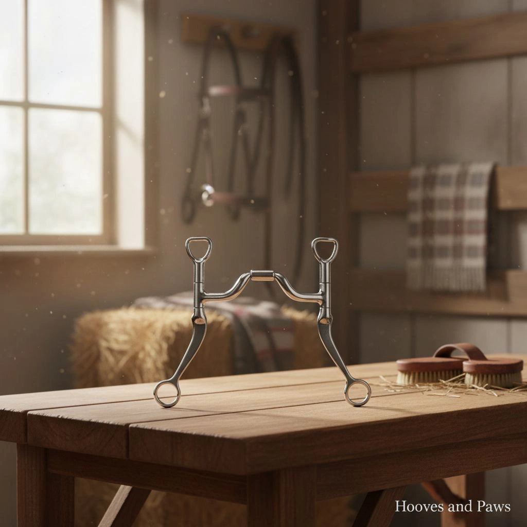 Silver Myler MB 33 Sweet Iron Ported Barrel horse bit on a rustic wooden table in a sunlit stable with equestrian gear.