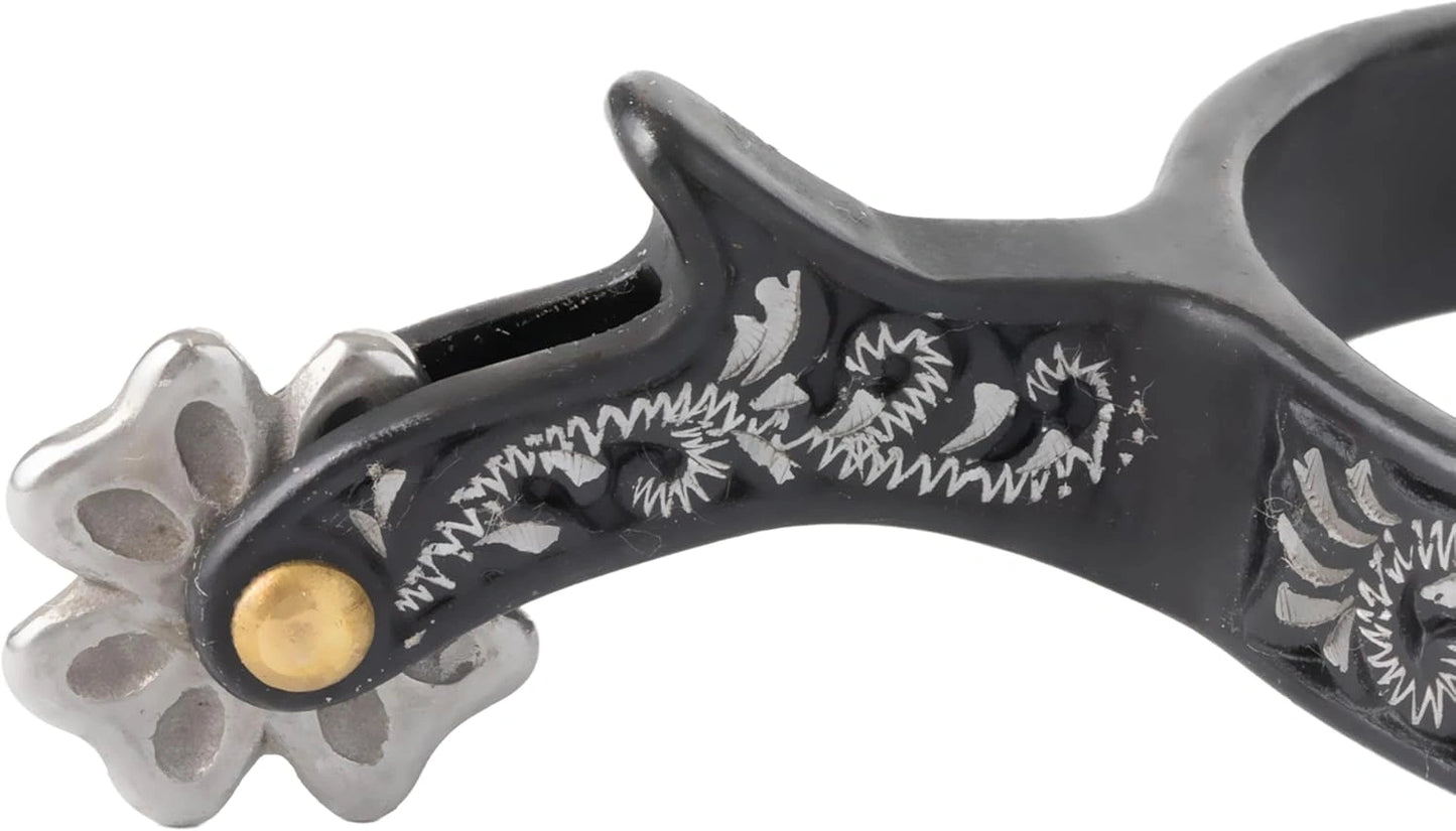 Weaver Leather Ladies' Engraved Black Steel Spurs - 1-3/4" Shank, 5/8" Band, Cloverleaf Rowel