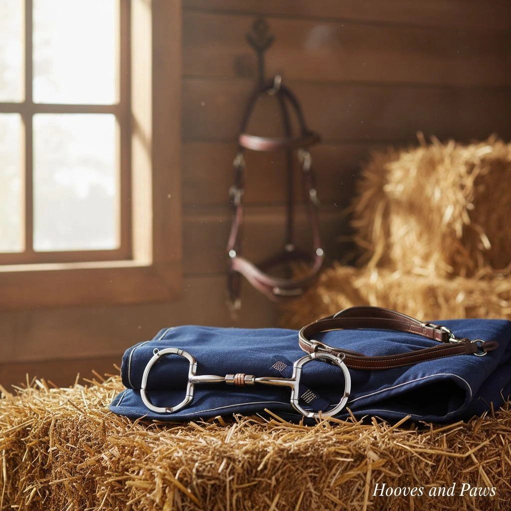 Myler Eggbutt with Hooks and Comfort Snaffle with Copper Roller MB 03 horse bit and brown leather strap on a blue saddle pad, resting on a hay bale in a rustic barn.