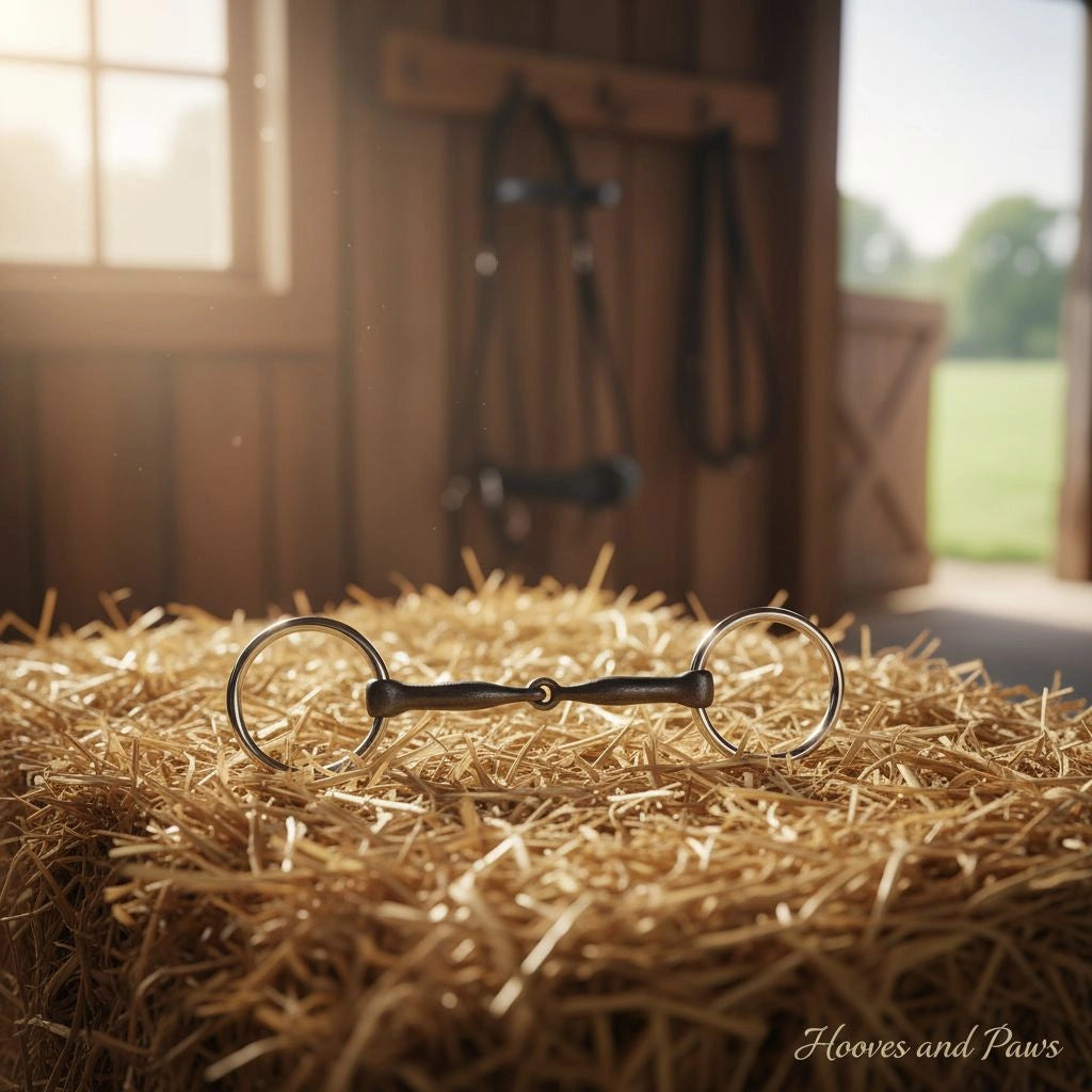 Myler MB 09 Sweet Iron Loose Ring Snaffle Bit lying on a hay bale in a rustic barn.
