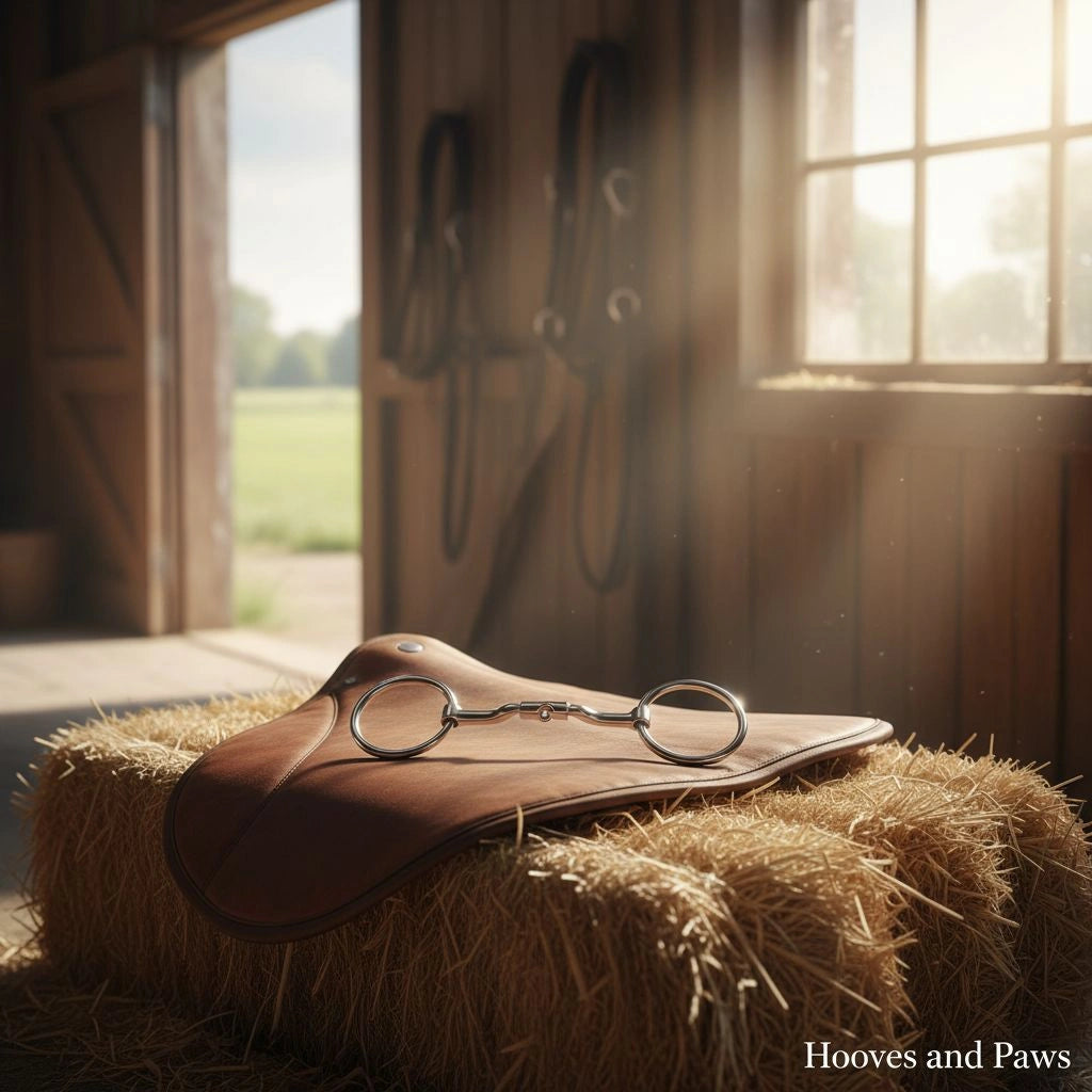 Myler MB36 Loose Ring Snaffle Bit with forward tilted port, resting on a brown leather saddle over hay bales in a rustic, sunlit barn.