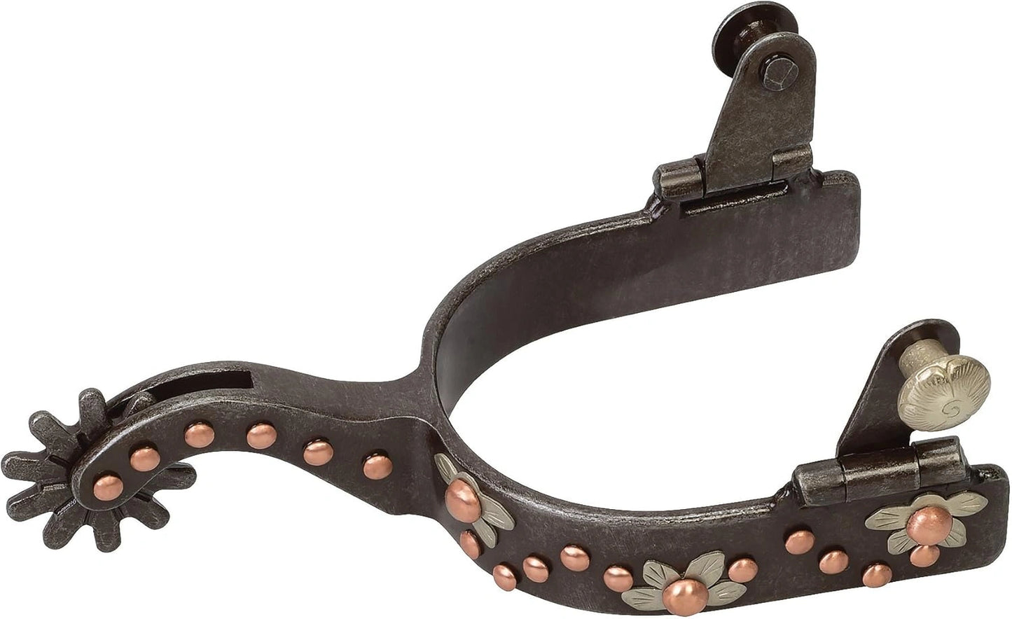 Weaver Leather Ladies' Spurs with German Silver Floral Trim and Copper Dots - 2" Shank, 3/4" Band, 10 Point Rowel
