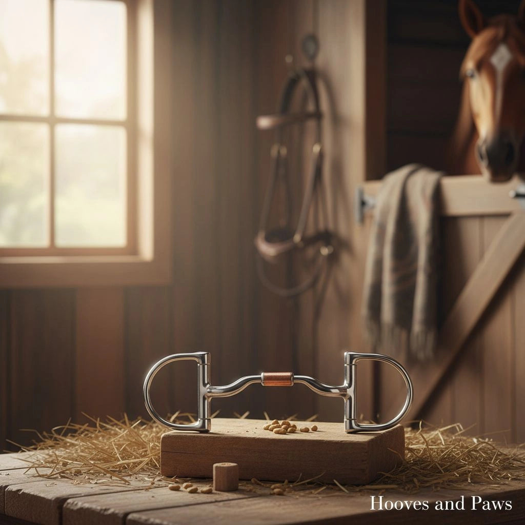 Myler English Dee Snaffle Bit, 5.5 inch, with copper inlay, on a wooden block in a rustic stable with a horse.