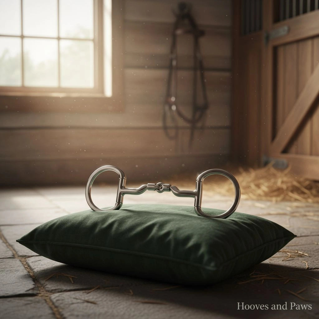 Myler Eggbutt Snaffle MB 06 horse bit on a green cushion in a barn, dressage legal, enhanced comfort.