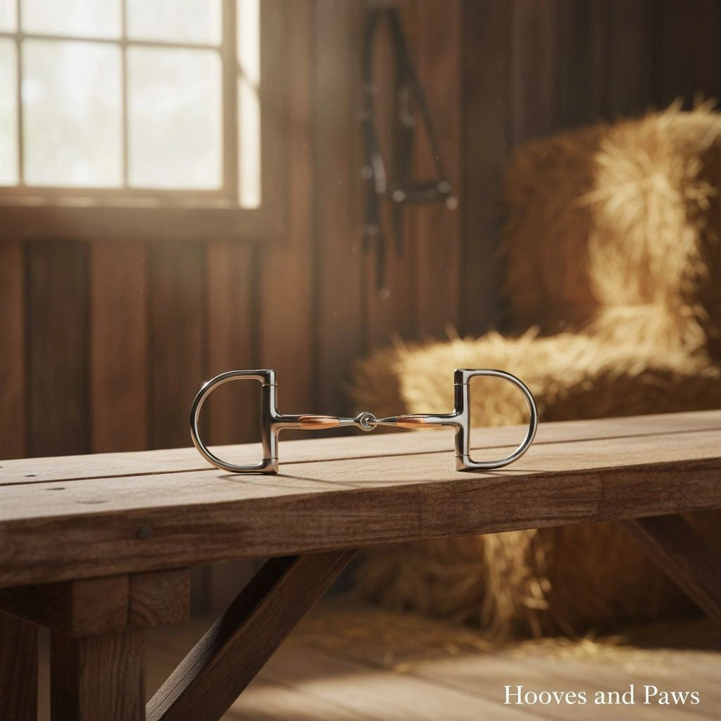 Myler MB 09 Dee Snaffle Bit with shiny stainless steel D-rings and a copper mouthpiece, resting on a rustic wooden bench in a barn.