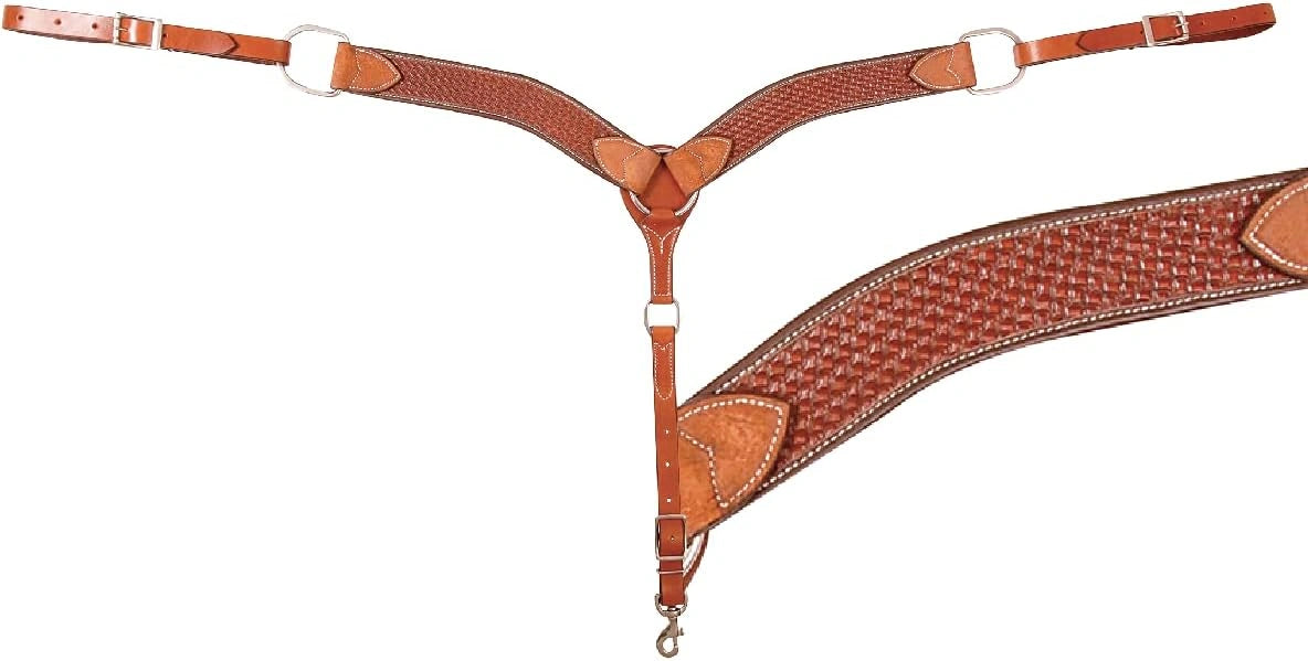 Brown leather bridle with intricate patterns on a white background