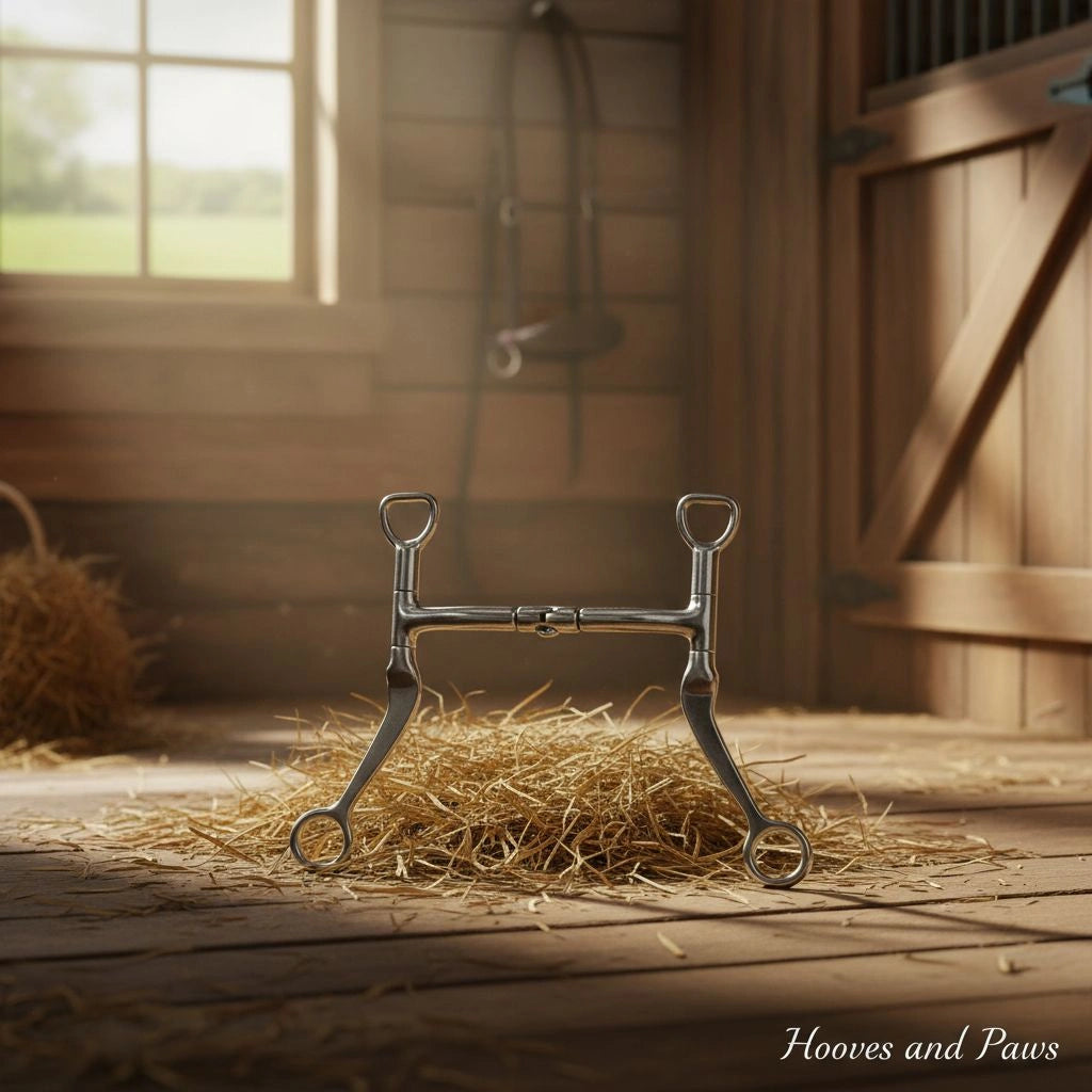 Myler MB 32 Sweet Iron Mullen Barrel Curb Bit, 5 inch, resting on hay in a sunlit wooden barn with a window and stall door.