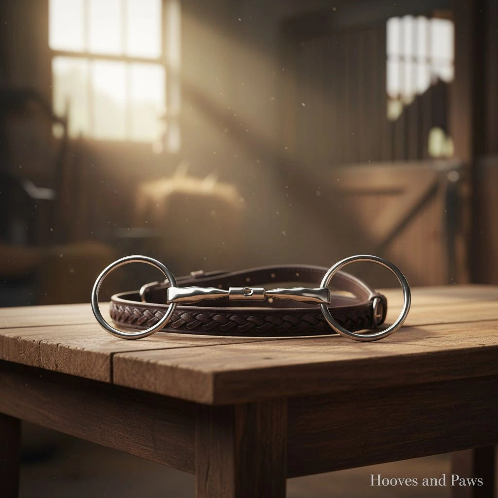 Myler MB 02 Loose Ring Snaffle bit for dressage, with silver rings and mouthpiece, on a braided brown leather strap and wooden table.