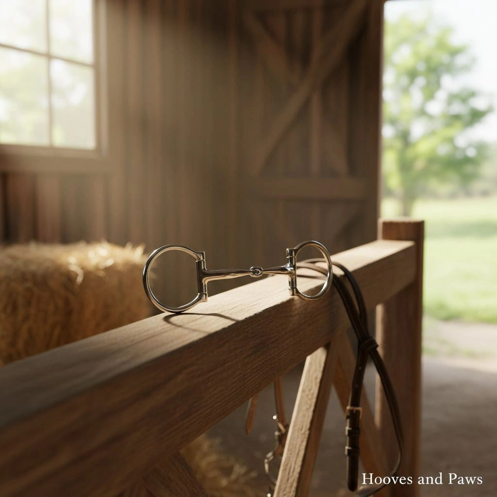 Silver Myler Western Dee Snaffle Bit resting on a wooden rail in a sunlit barn, with a brown leather bridle.