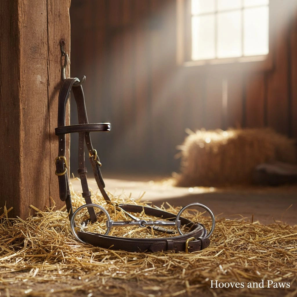 Dark brown leather horse bridle with a Myler MB36 Loose Ring Snaffle bit resting on golden hay in a rustic barn.