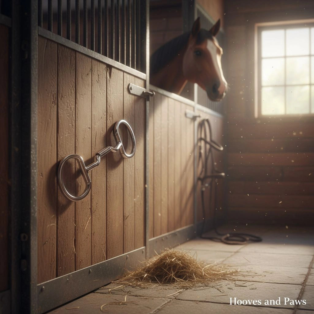 Silver Myler Eggbutt Snaffle Bit, 14mm Mullen Low Port, Dressage Legal, hanging on a rustic wooden stable door in a sunlit barn with a horse peeking from its stall.