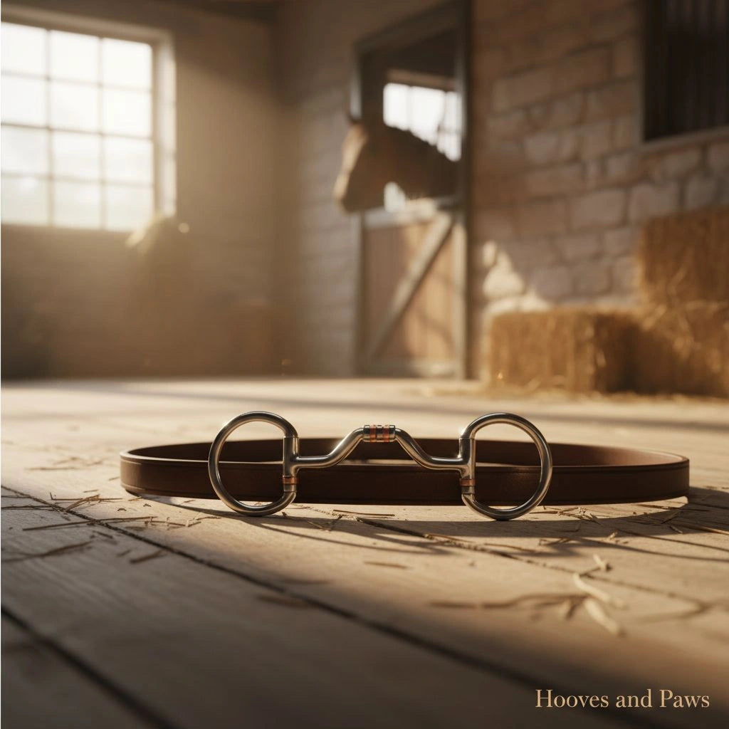 Myler Eggbutt Snaffle bit with stainless steel ported barrel and copper inlay, lying on a brown leather strap on a sunlit barn floor with a horse in the background.