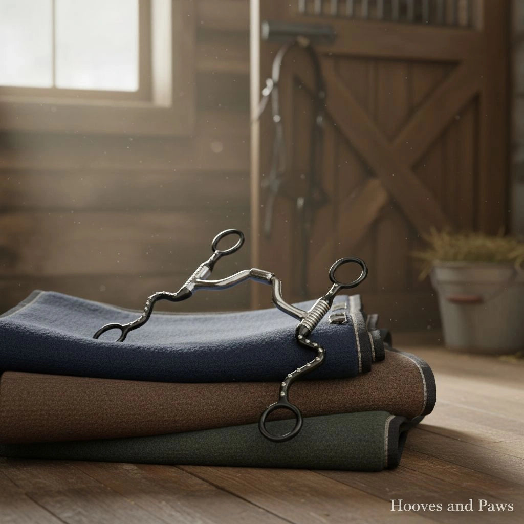 Myler Black Steel Seven Shank with Medium Wide Ported Barrel MB 33 #89-13335 horse bit, resting on folded wool saddle pads in a rustic barn.