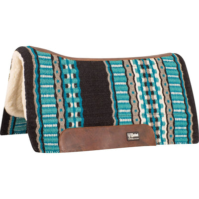 Horse saddle pad with blue and brown pattern on a white background