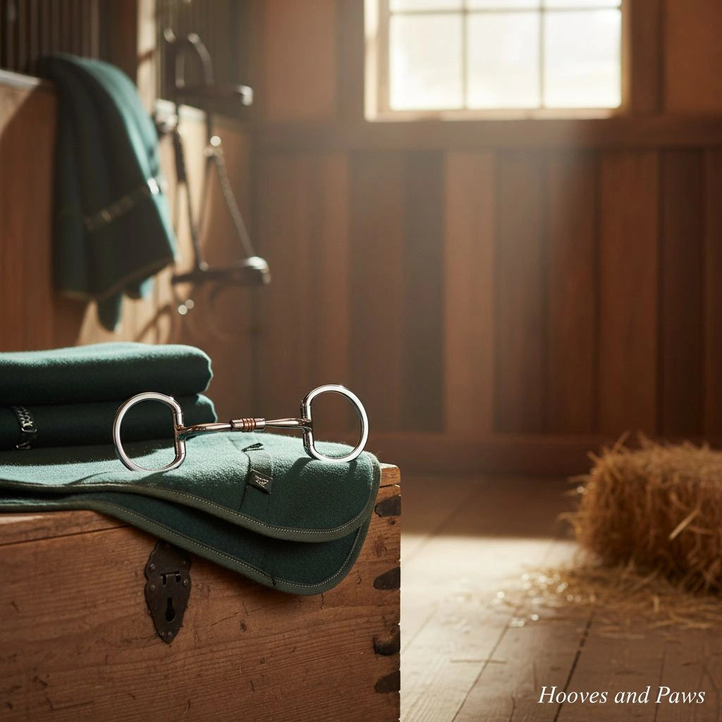 Myler MB 03 Eggbutt Snaffle Bit, silver and copper, resting on folded dark green horse blankets atop a rustic wooden chest in a sunlit barn, highlighting comfort and control.