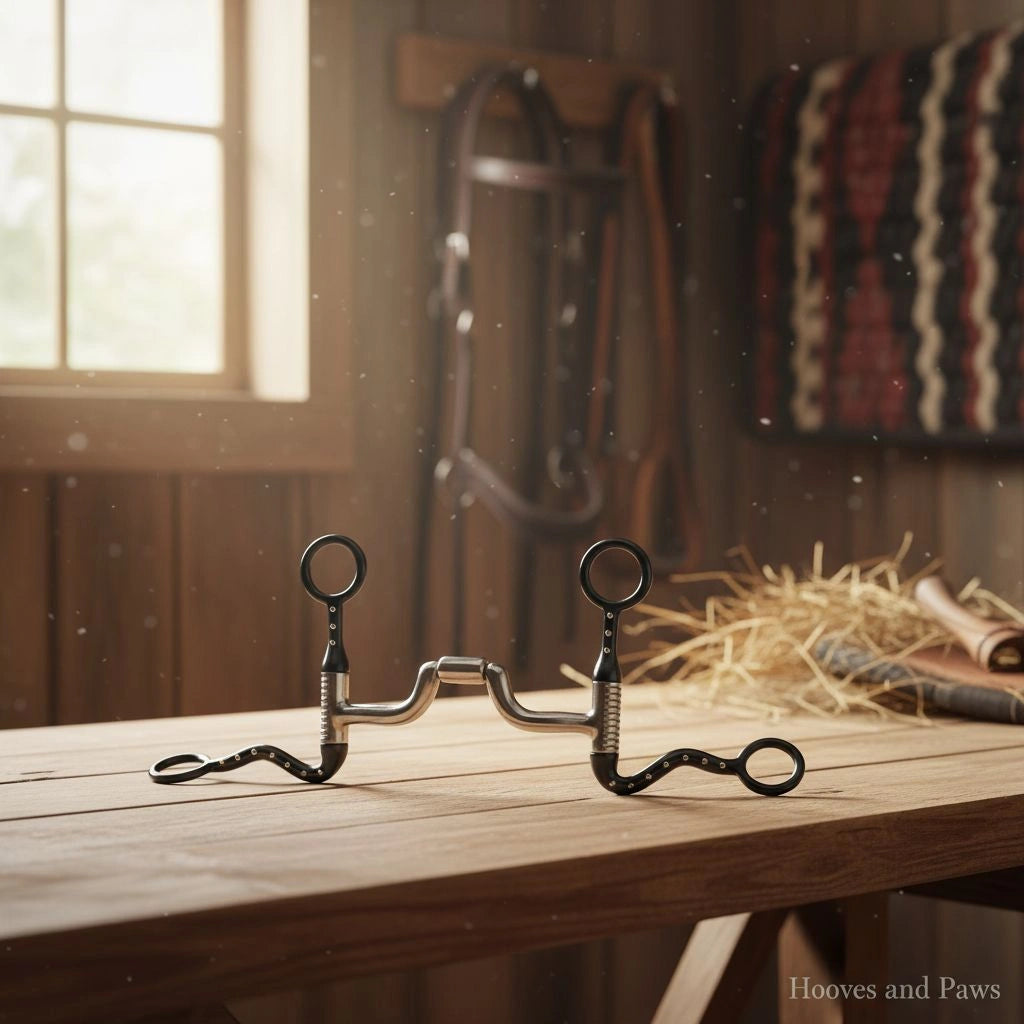 Myler Black Steel Seven Shank horse bit, MB 43LP #89-13435, with a narrow low ported barrel and studded black shanks, resting on a wooden table in a sunlit barn.