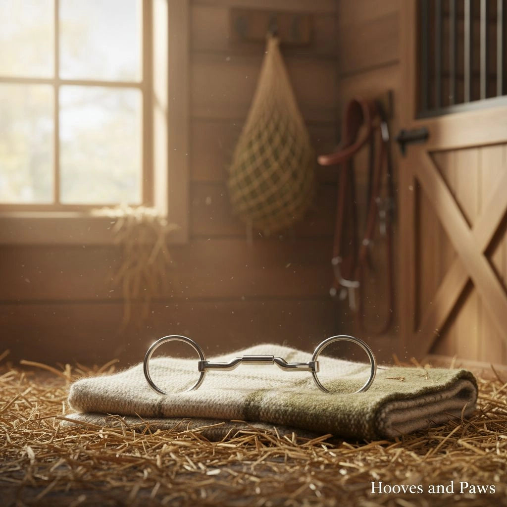 Myler MB 06 Snaffle Bit, a silver-colored metal horse bit, rests on a folded cream and green horse blanket on a hay-covered floor in a sunlit, rustic stable. A window, hay net, and saddle are visible in the blurred background.