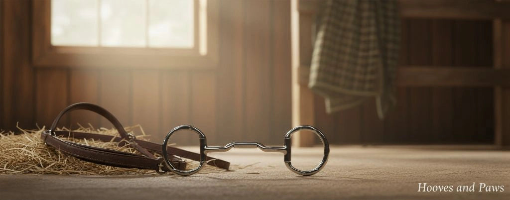 Myler Eggbutt with Hooks stainless steel Mullen Barrel Low Port MB 06 5 1/2 inch horse bit on a weathered wooden floor, next to a brown leather bridle on a pile of straw, in a sunlit barn interior.