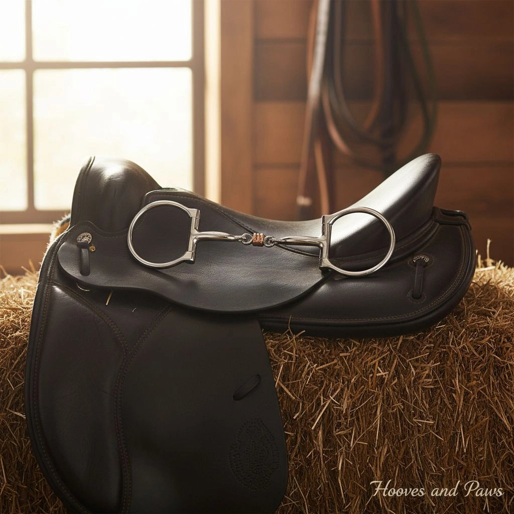 Myler Western Dee Snaffle Bit MB 11 with sweet iron and copper inlay, resting on a dark leather horse saddle on hay in a rustic barn.